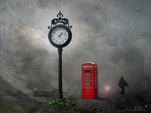 a clock and a phone booth. source: http://www.flickr.com/photos/h-k-d/4667062546/